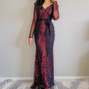 Long sleeve maxi dress with sequins burgundy color size 8 US